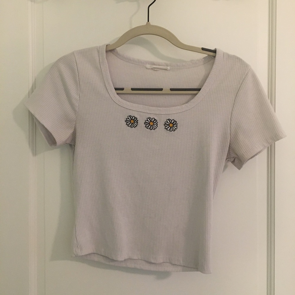 White Crop-Top, Daisy Decorations, Size Small, Caution To The Wind